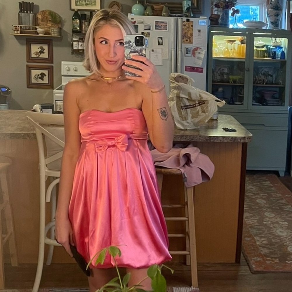 Vintage 90s Hot Pink Satin “Ruby Rox” Strapless Mini Bubble Dress